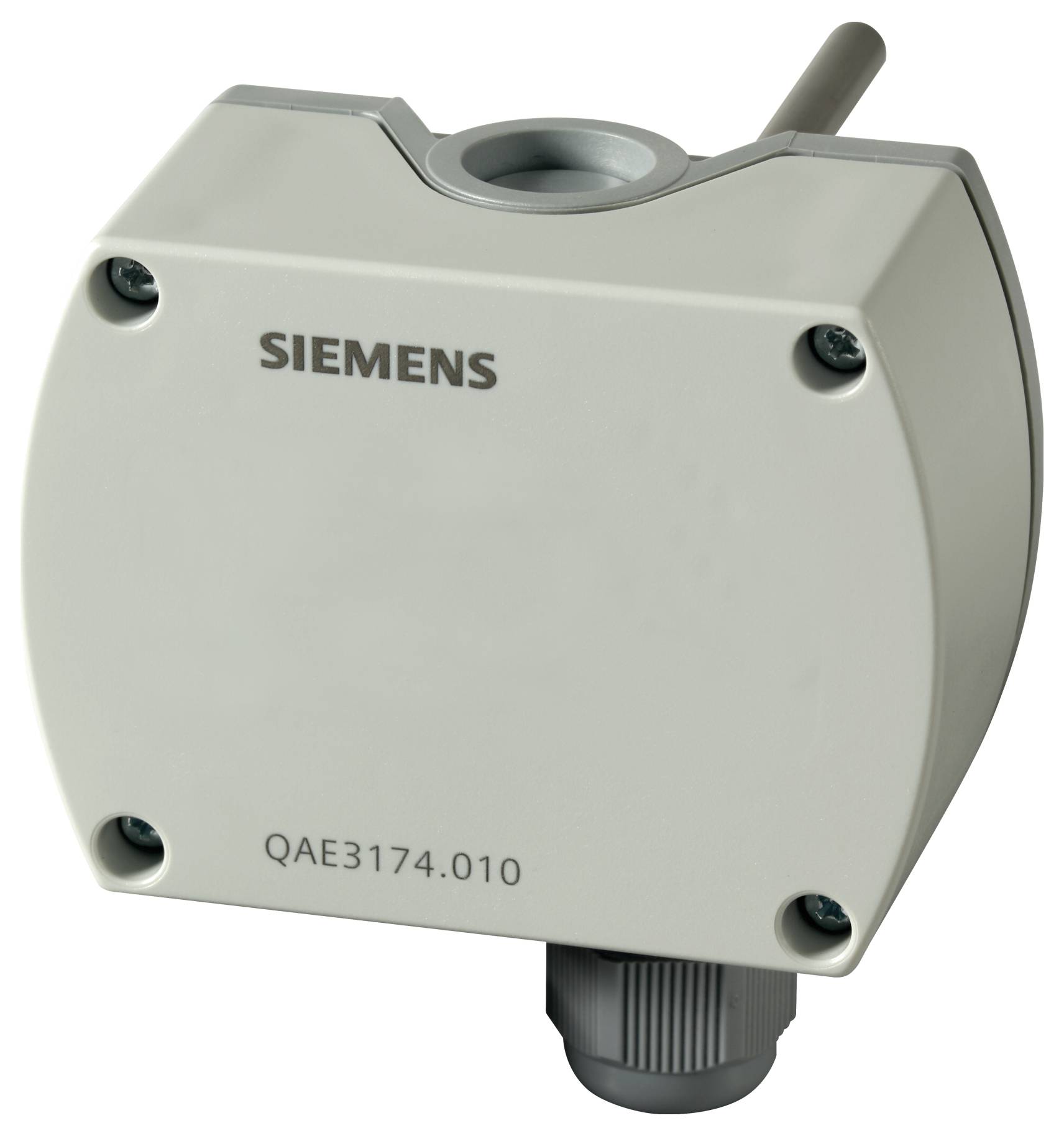 Siemens QAE3174.010 sensorapparaat weergegeven in een grijze kunststof behuizing met montageschroeven en een kabelgeleiding.