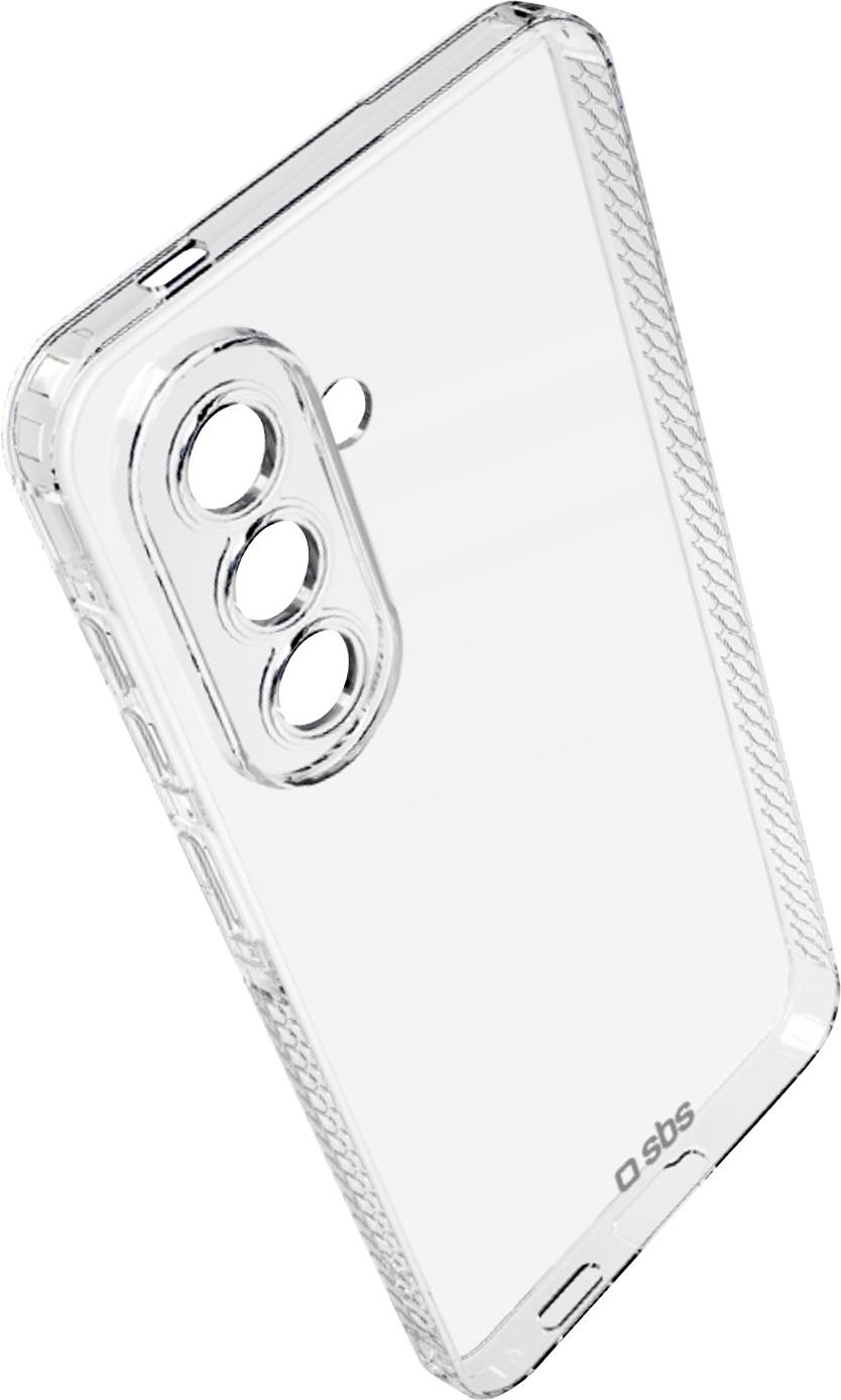 Doorzichtig beschermend telefoonhoesje met verhoogde drievoudige camerameeuwing, afgebeeld op een witte achtergrond.