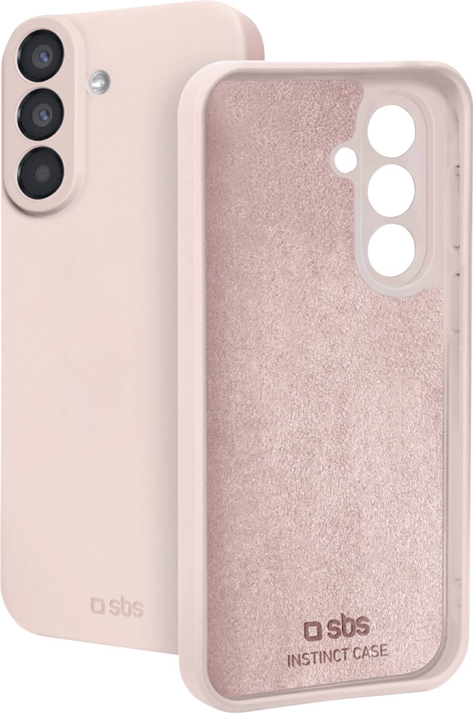 Roze beschermende telefoonhoesje getoond van voor en achter, met drie camerasnitten, structuurgestructuurde binnenvoering en 'sbs INSTINCT CASE' branding.