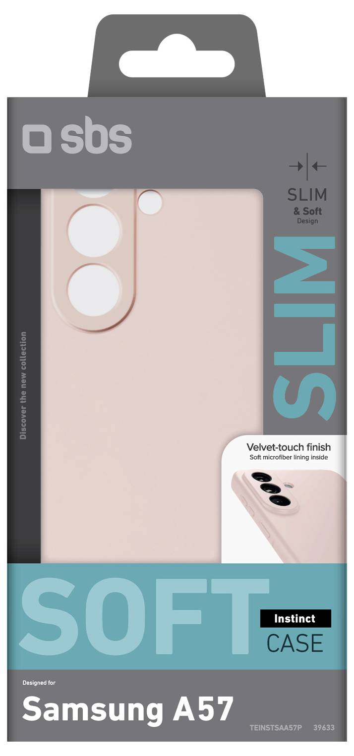 Verpakking voor een SBS Slim Soft telefoonhoesje voor Samsung A57 in roze, met 'SOFT CASE' en 'Fluwelen aanvoeling' tekst.