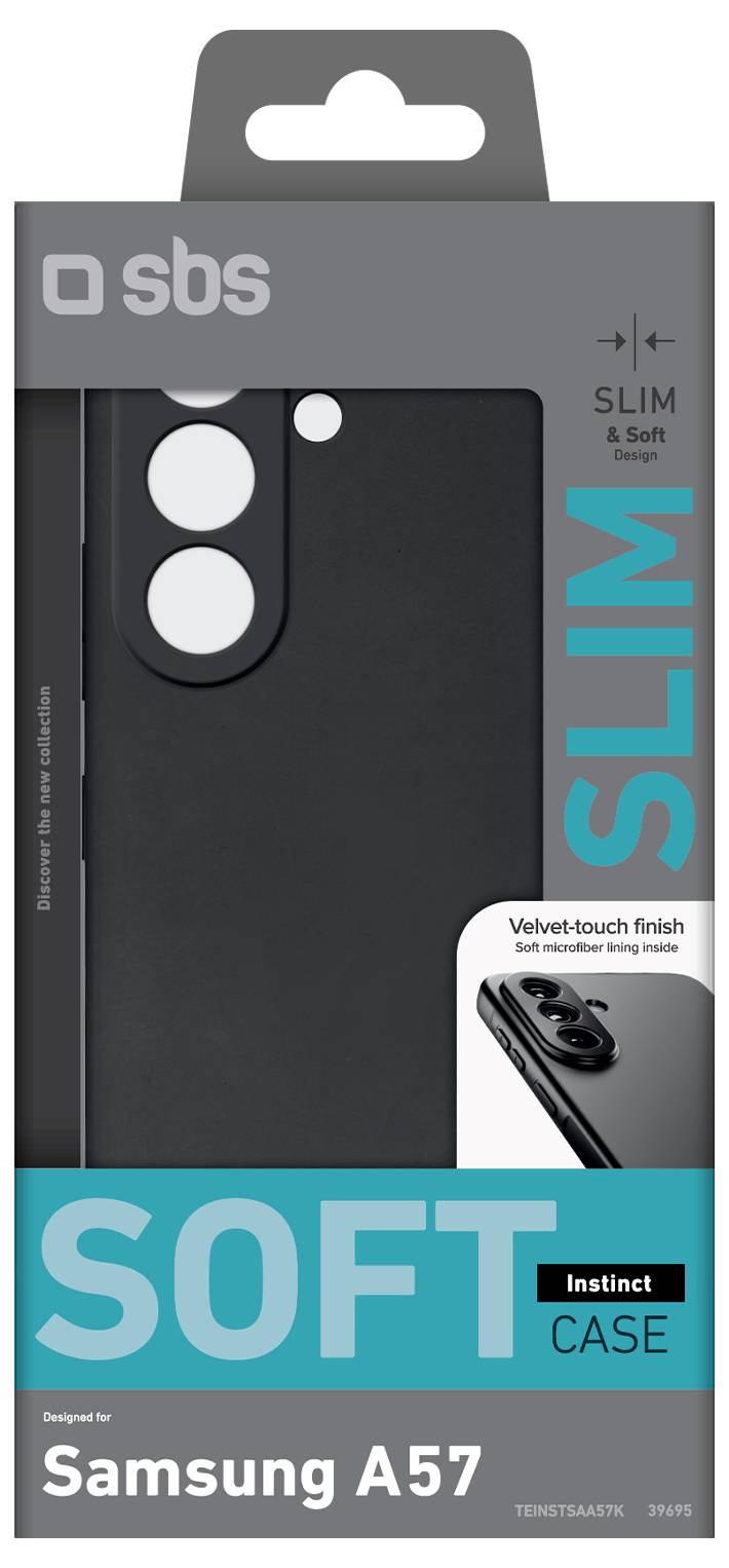 Verpakking voor een SBS 'SLIM' soft-touch telefoonhoesje voor Samsung A57, weergegeven in zwart met een cameraruitsnede en 'SOFT CASE'-branding.