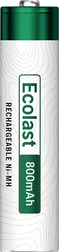 Enkele groen-en-witte oplaadbare Ecolast AA-batterij met het label '800mAh' op een effen witte achtergrond.