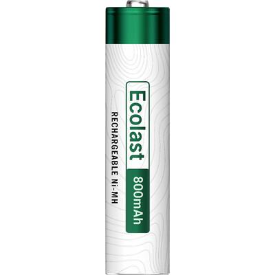 Enkele groen-en-witte oplaadbare Ecolast AA-batterij met het label '800mAh' op een effen witte achtergrond.