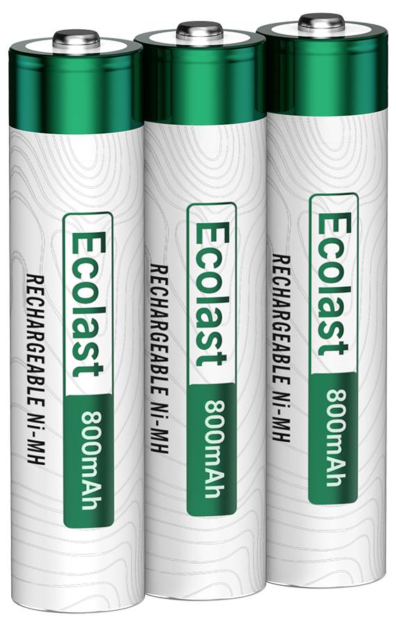 Drie oplaadbare Ecolast Ni-MH AA-batterijen met een capaciteit van 800mAh, afgebeeld staande rechtop naast elkaar.