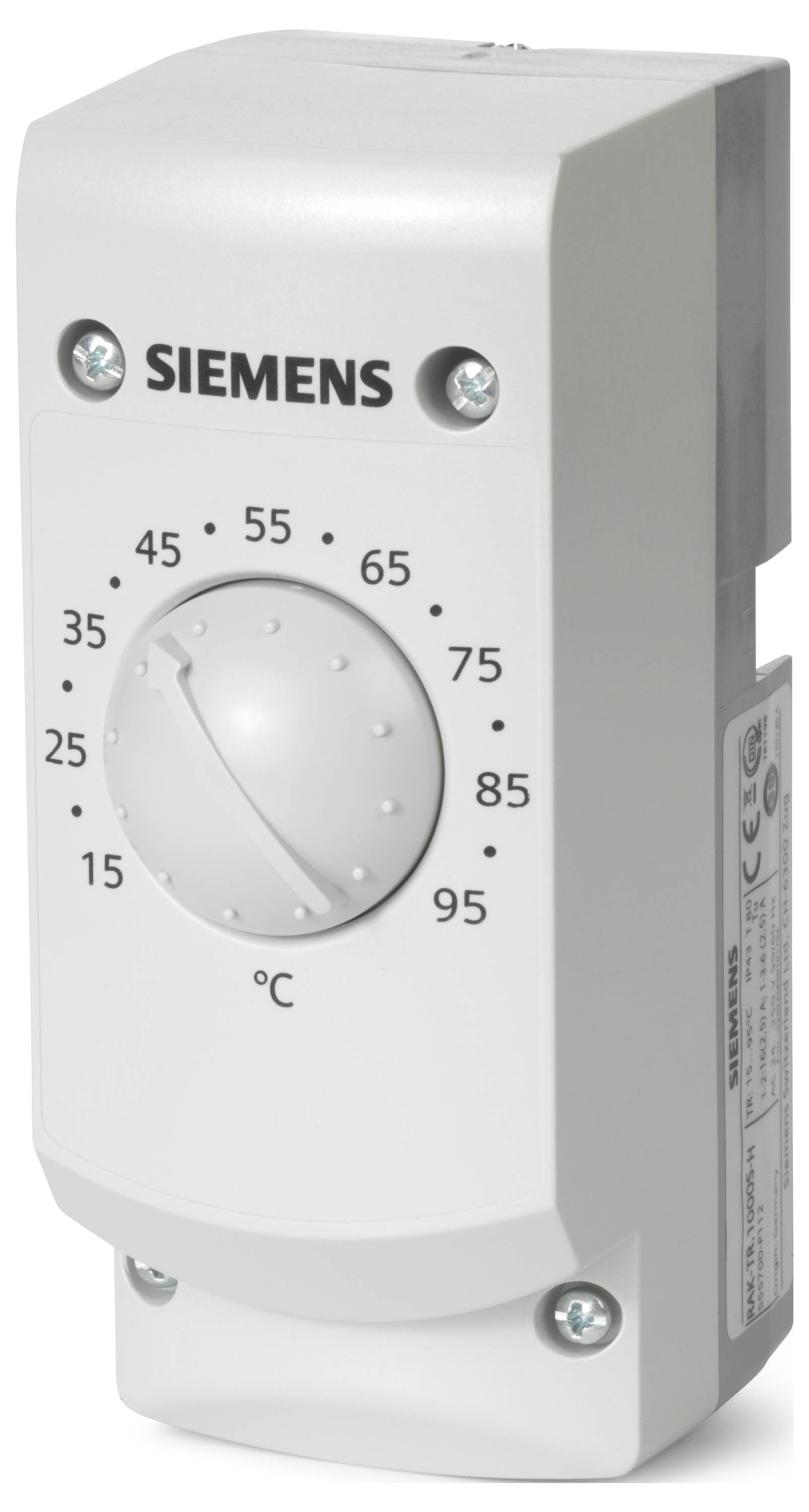 Siemens thermostaat met een ronde temperatuurschijf gemarkeerd van 15 tot 95°C, ingesteld rond het middengebied.