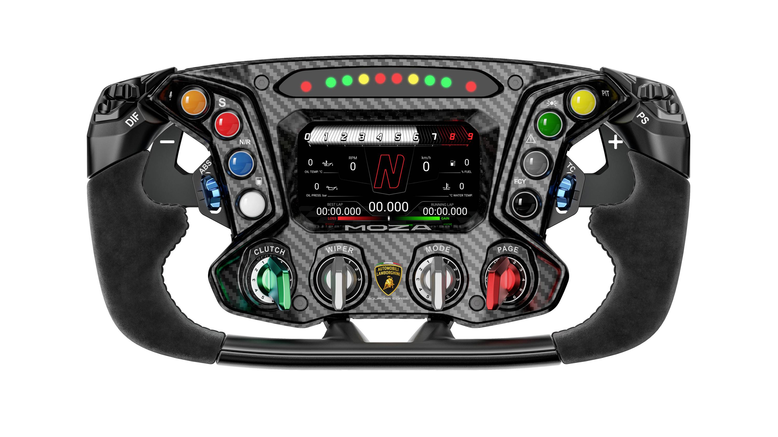 Formula 1-stuurwiel met digitaal display, schakellichten en veel gekleurde knoppen en draairegelaars