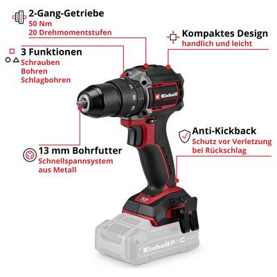 Productafbeelding van een accuboormaschine met gelabelde functies: 2-versnellingsbak, 3 functies, 13 mm boorkop, compact design, anti-terugslag-beveiliging.