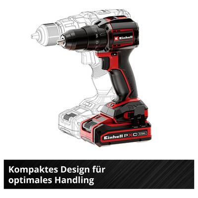 Accu-schroefdraaier van Einhell in zwart-rood met accu; daaronder tekst: 'Compact ontwerp voor optimale bediening'.