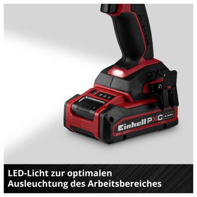 Draadloze Einhell PXC-accu-schroefmachine met LED-licht; Tekst: 'LED-licht voor optimale verlichting van het werkgebied'.