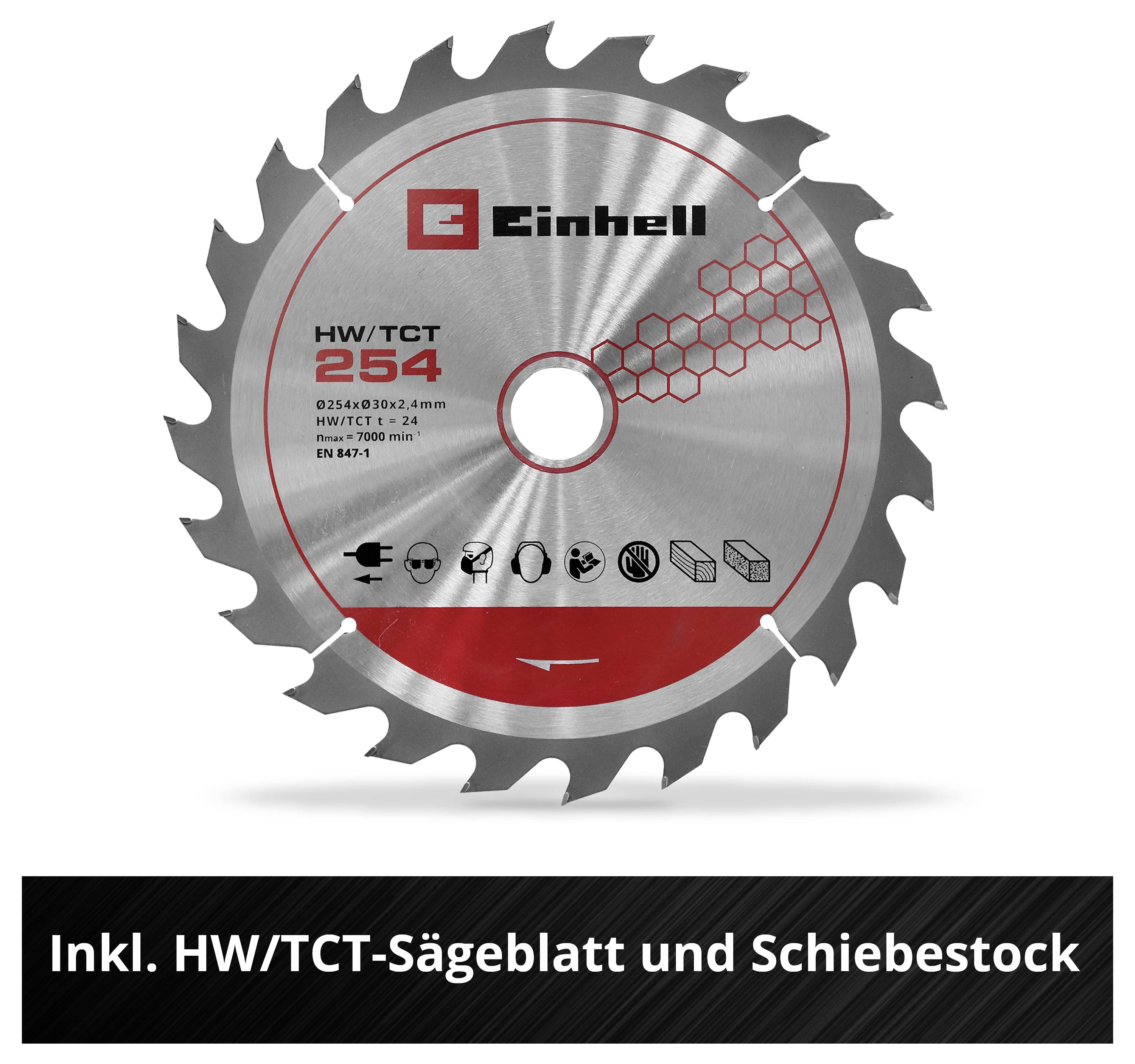 Cirkelzaagblad van Einhell met 254 mm diameter; onderaan staat 'Incl. HW/TCT-zaagblad en duwstok'.