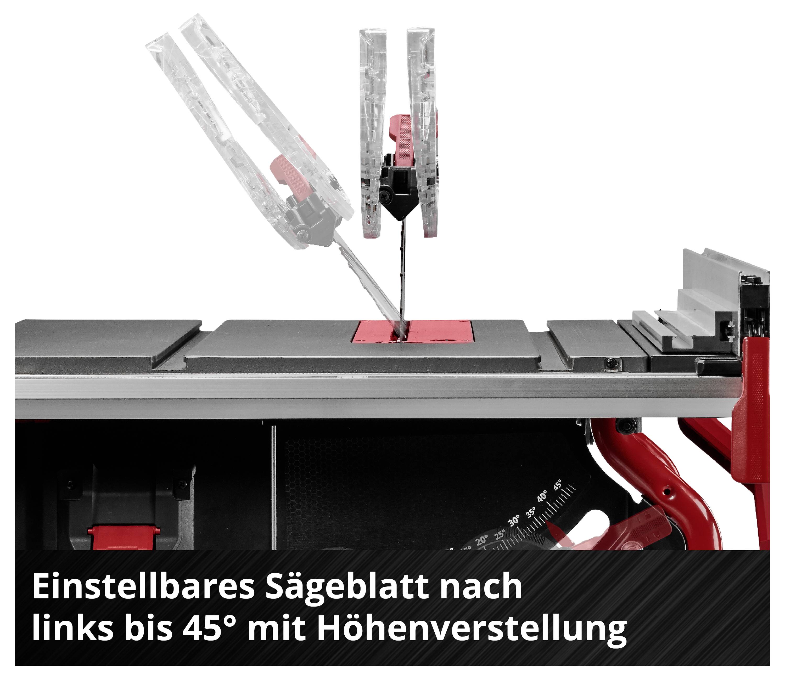 Instelbaar zaagblad van een tafelcirkelzaag, naar links tot 45° zwenkbaar en hoogteverstelbarer; ingevoegde tekst verklaart de functie.