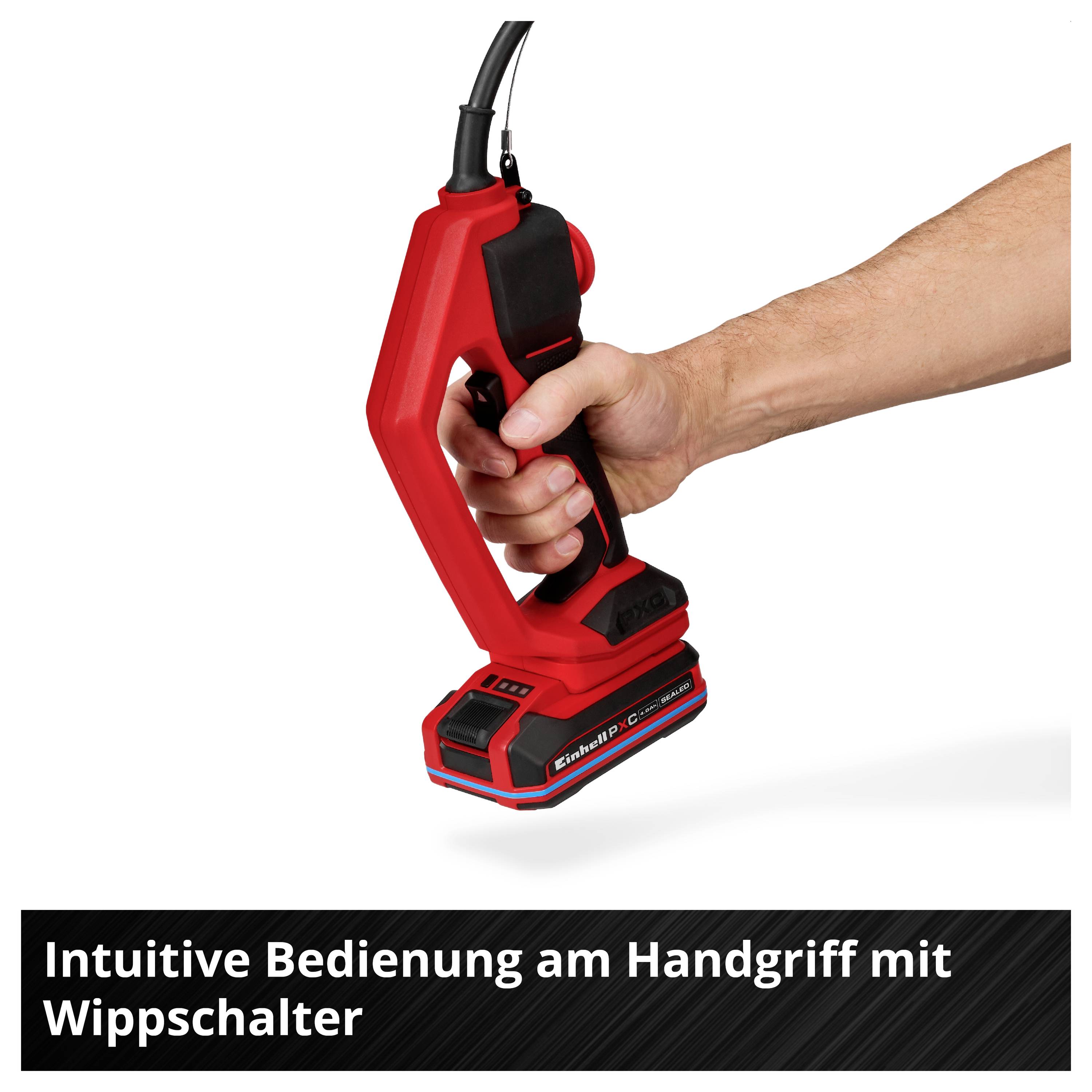 Hand houdt rode accu-greep met wiegschakelaar; Tekst: 'Intuïtieve bediening aan de handgreep met wiegschakelaar'.