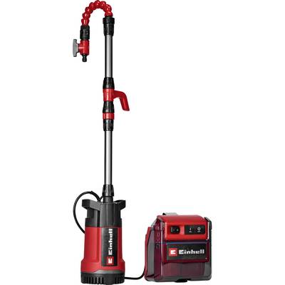 Draadloze waterpomp met telescopische zuigslang en rood accupakket, weergegeven op een witte achtergrond.