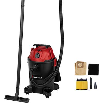 Rood-zwarte Einhell nat/droog stofzuiger met slang en vloernozzle, getoond met stofzakken, filter en accessoires op een witte achtergrond.