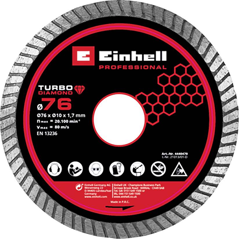 Circulaire Einhell Professional turbo diamant snijschijf, maat 76 mm, met zwart-rood etiket en zilveren gesegmenteerde rand.