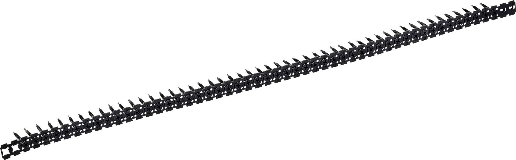 Lange zwarte kunststof getande strip of kamachtige strip onder een hoek diagonaal op een witte achtergrond.