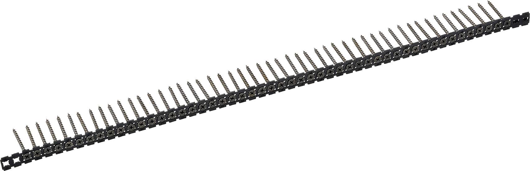 Een lange zwarte strook van metalen pin headers met gelijkmatig verdeelde pennen die aan beide zijden omhoog zijn gericht.