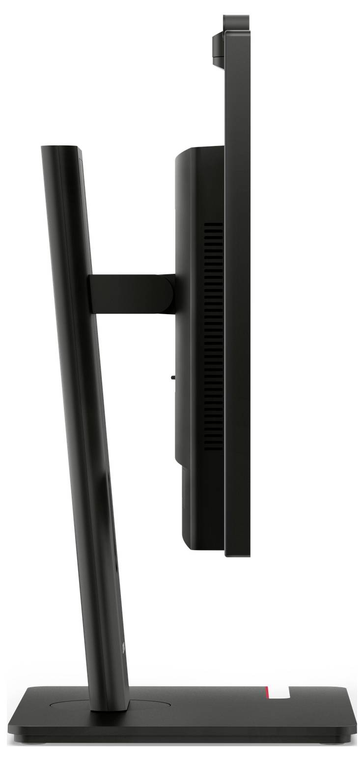 Zijkant van een zwarte computermonitor op een standaard, met het slanke profiel en verstelbare verticale ondersteuning op een rechthoekige voet.