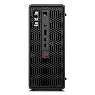 Zwarte Lenovo ThinkStation P3 Ultra compacte desktoptower met honingraatpatroon voorgrille en rood 'P3 Ultra'-label.