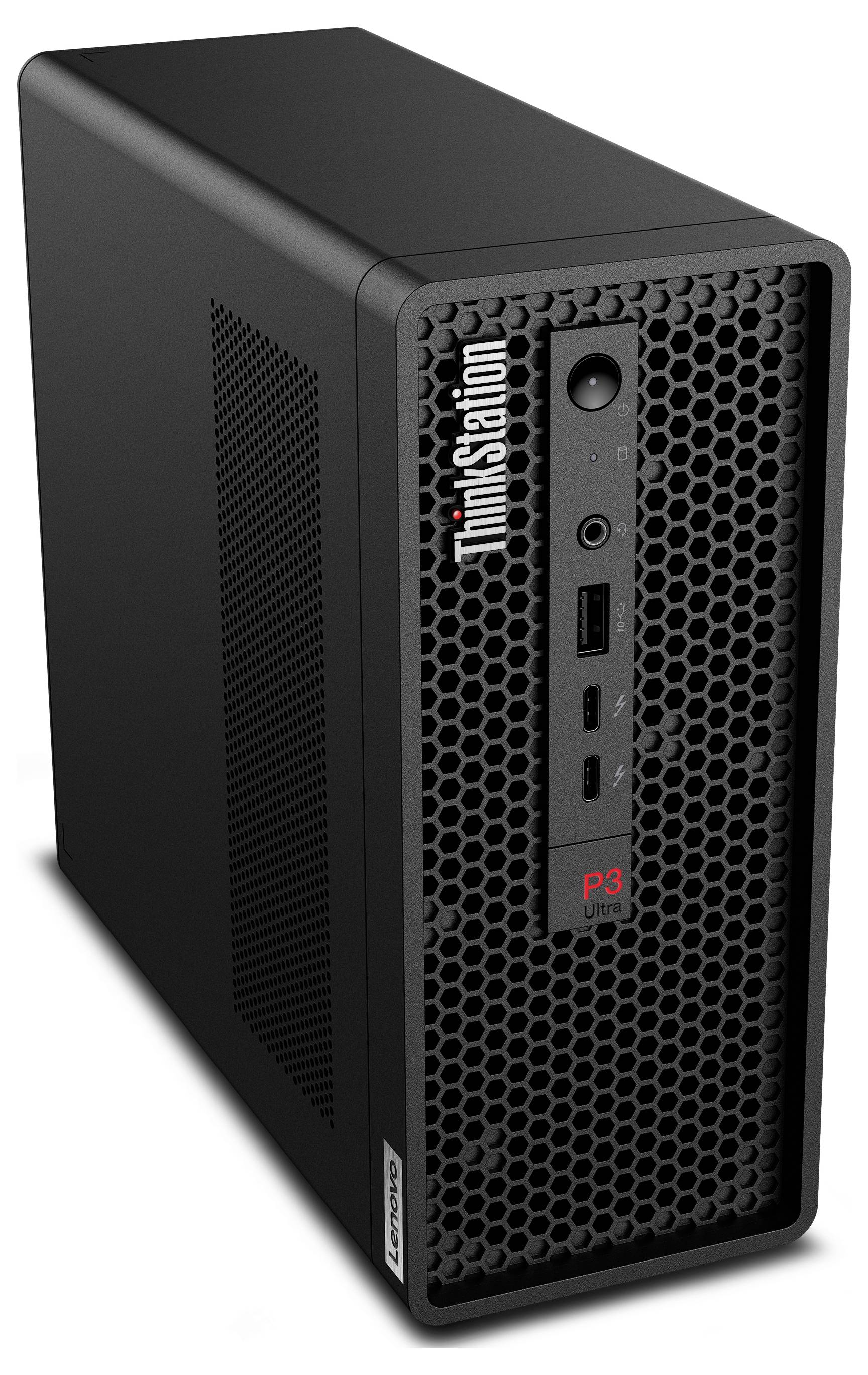Zwarte Lenovo ThinkStation P3 Ultra compacte bureaublad-tower met honingraat-frontrooster en frontpoorten
