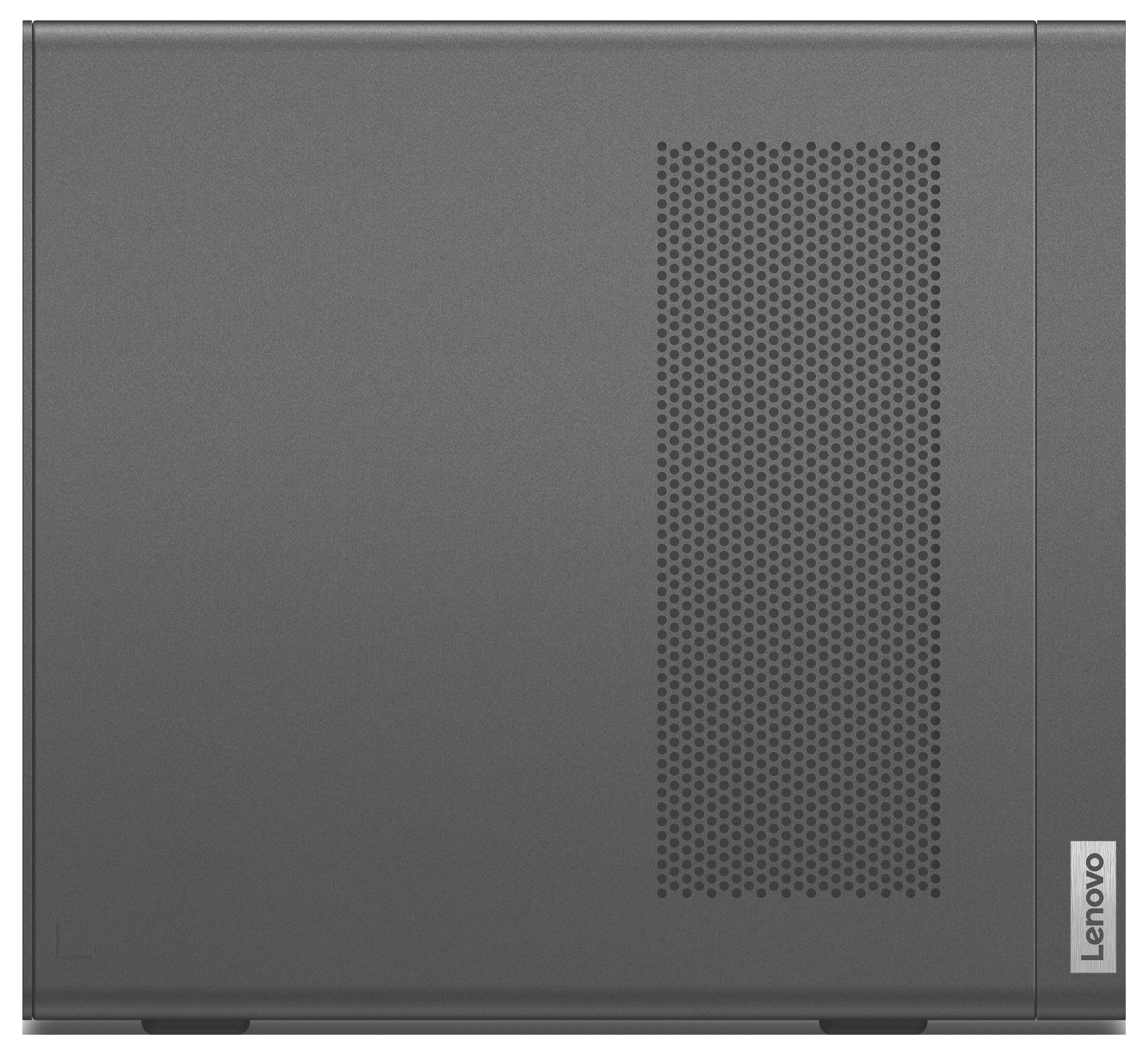 Gesloten grijze Lenovo-laptop van bovenaf gezien, met een geperforeerd ventilatiegroepje aan de rechterkant.