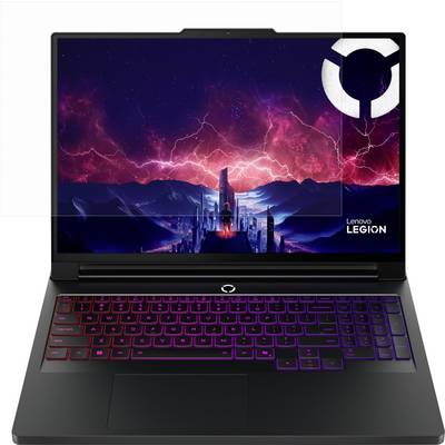 Lenovo Legion gaming laptop geopend, met een levendige rood-en-paarse sci-fi-achtergrond en een achterbelicht toetsenbord.