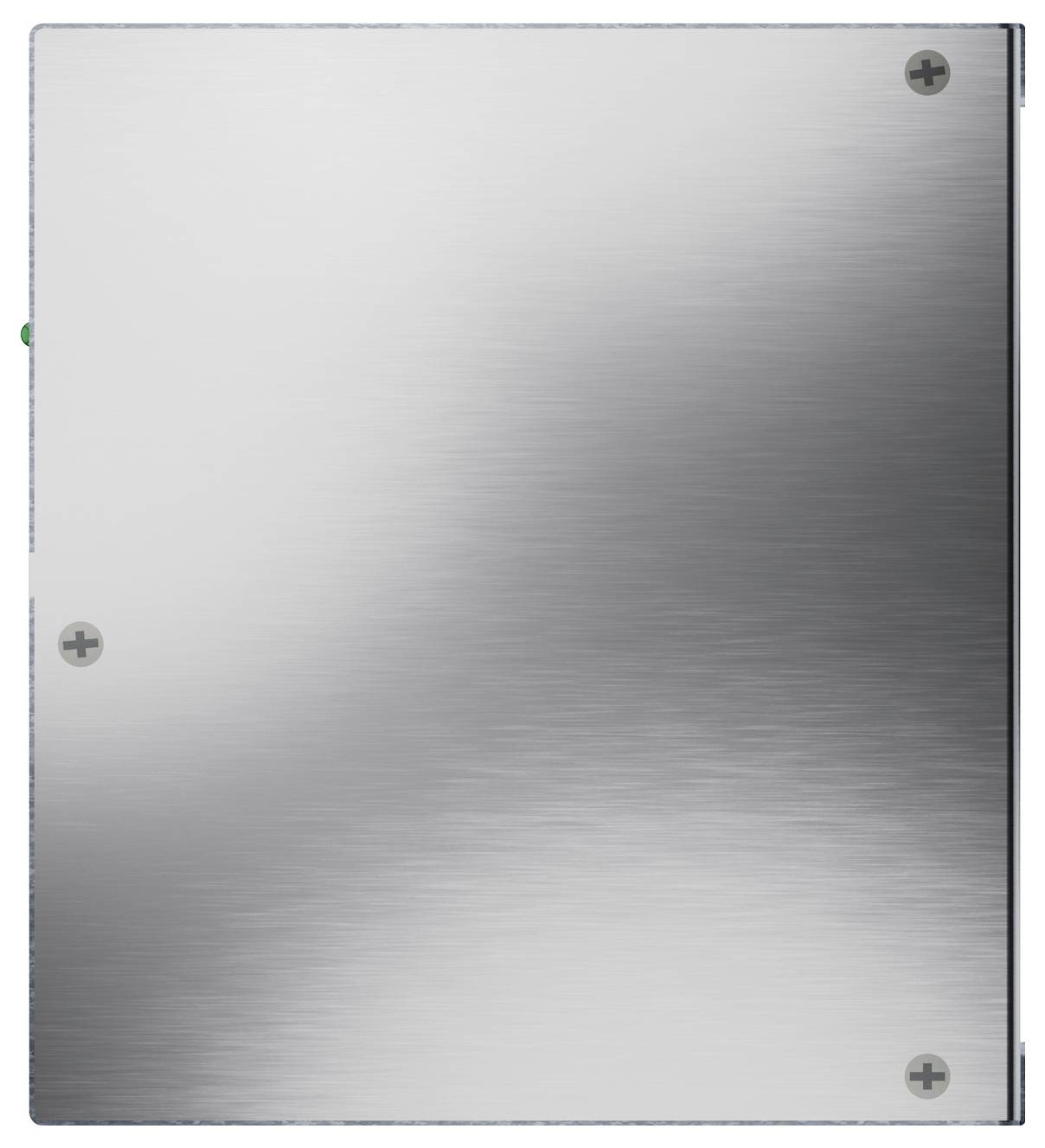 Geborsteld metalen rechthoekig paneel met drie zichtbare schroefkoppen, frontaal weergegeven tegen een witte achtergrond.