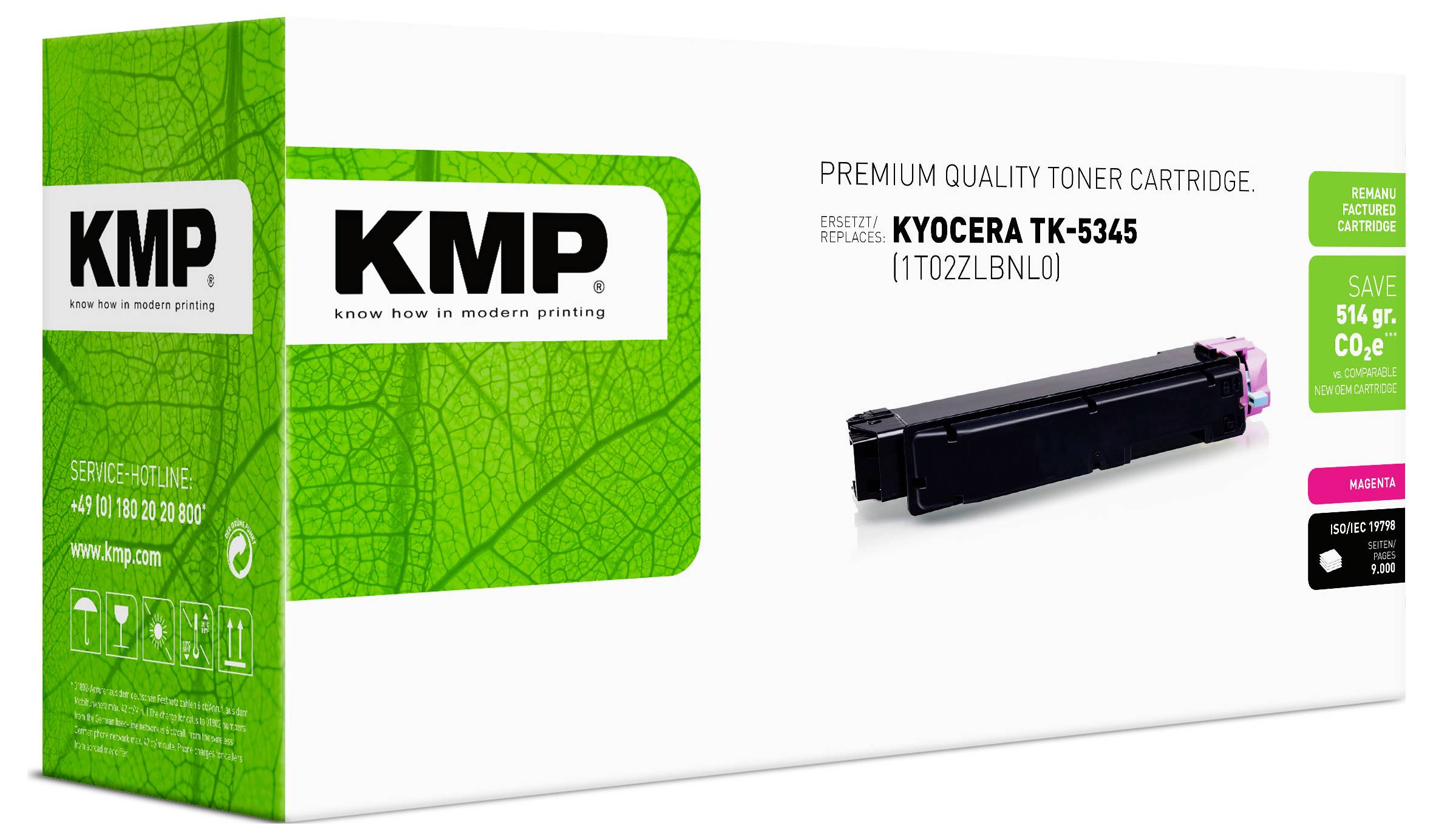 KMP tonercartridge verpakking voor Kyocera TK-5345, weergegeven met een zwarte tonercartridge op een witte doos en groene huisstijl.