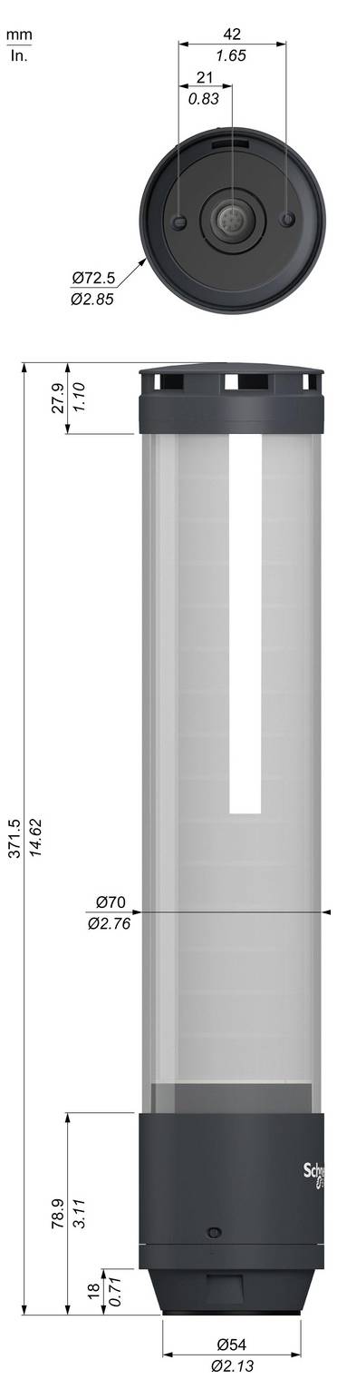 Technische productdetekening van een cilindrisch apparaat met bovenaanzicht en zijaanzicht, met afmetingen in millimeters en inches.
