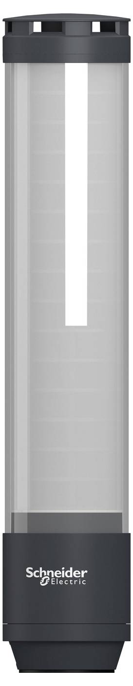 Schneider Electric cilindrische industriële sensor met grijze behuizing en zwarte bovenkant en basis, verticaal afgebeeld op een witte achtergrond.