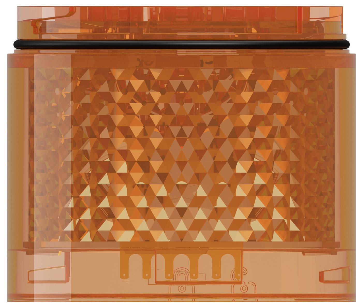 Oranje doorschijnende rechthoekige waarschuwingslamp met gefacetteerde reflector en zwart afdichtingsrubber, weergegeven van dichtbij van voren.