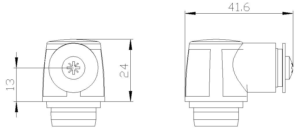 Technische dimensioontekening van een cilindrische connector of sensor, weergegeven in voor- en zijaanzicht met metingen gelabeld 13, 24 en 41,6.