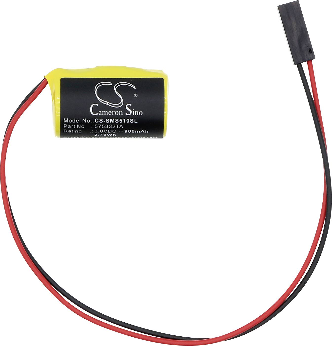 Klein geel verpakt Cameron Sino oplaadbaar batterijenpack met rode en zwarte draden en een twee-pins connector op een witte achtergrond.