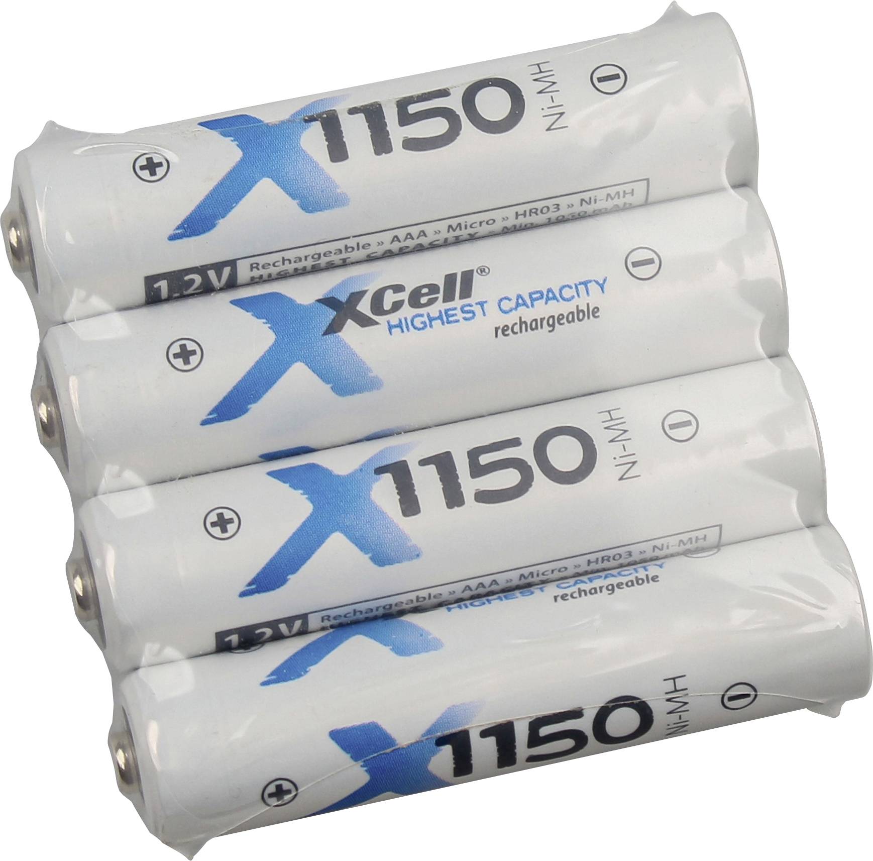 Vier gestapelde Xcell 1150 oplaadbare 1,2V Ni-MH AAA-batterijen met zichtbare positieve en negatieve polen.