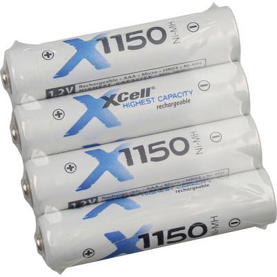 Vier gestapelde Xcell 1150 oplaadbare 1,2V Ni-MH AAA-batterijen met zichtbare positieve en negatieve polen.