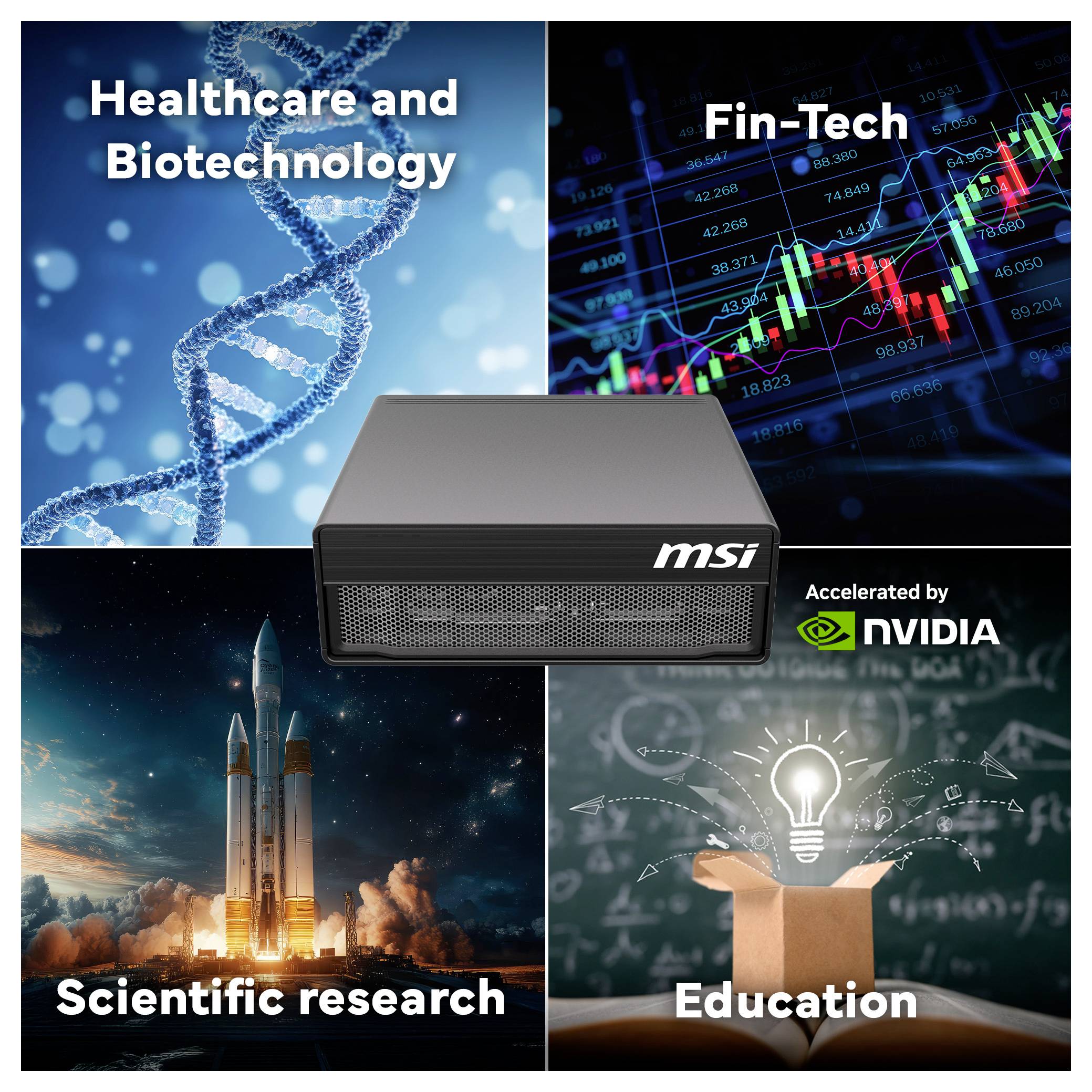 MSI-computer getoond als centraal platform voor vier toepassingen: Healthcare en Biotechnologie, Fin-Tech, Wetenschappelijk onderzoek en Onderwijs, met NVIDIA-versnelling.