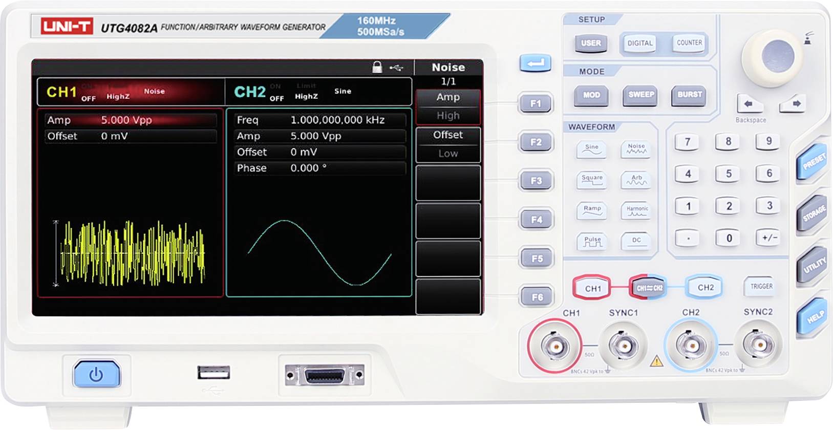 UNI-T UTG4082A functie-/arbitraire golfvormgenerator toont CH1 ruisuitvoer en CH2 sinusgolfinstellingen, met instellingen voor frequentie, amplitude en offset op het scherm en voorkant-paneelknoppen voor kanalen.