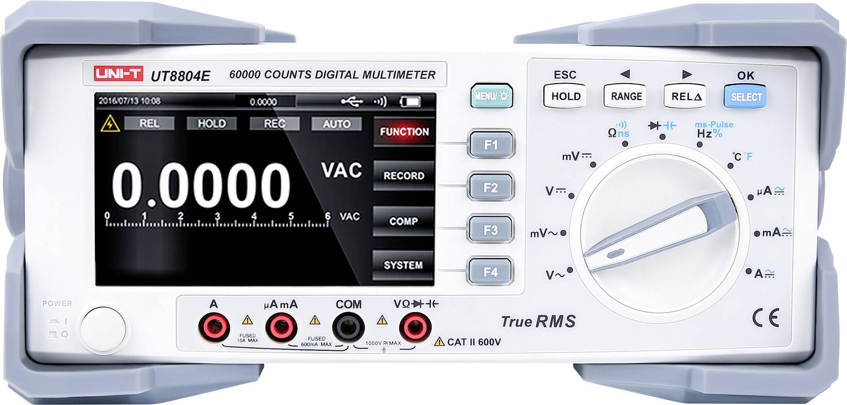 UNI-T UT8804E digitale multimeter die 0.0000 VAC op het scherm weergeeft, met zichtbare rotatieschakelaar en ingangsstekkers.