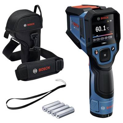 Bosch thermische beeldvormingscamera met draagtas, draagriem en batterijen op een witte achtergrond.