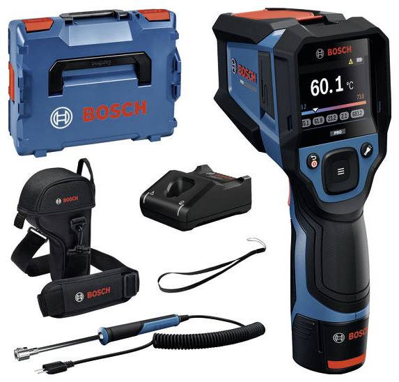 Bosch infrarood thermische camera-kit met transporttas, batterijlader, draagband en sonde-accessoire weergegeven op een witte achtergrond.