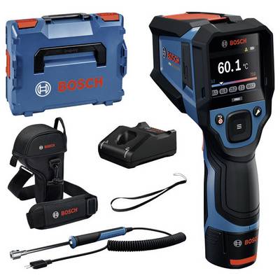 Bosch infrarood thermische camera-kit met transporttas, batterijlader, draagband en sonde-accessoire weergegeven op een witte achtergrond.