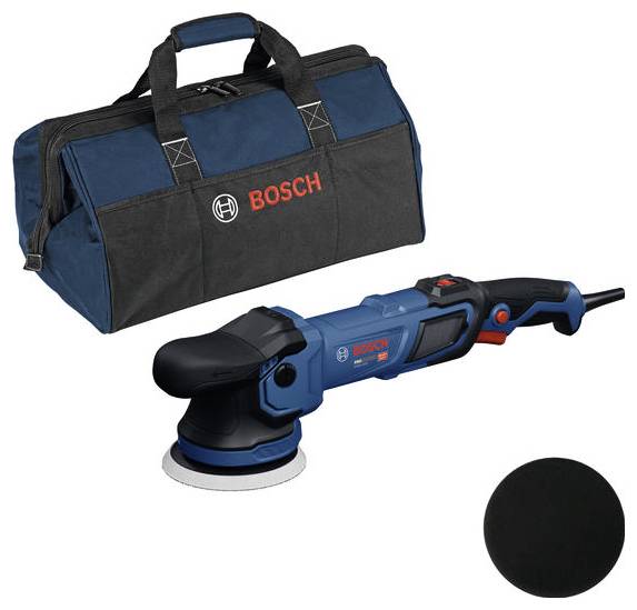 Bosch elektische schuurmachine met draagtasje en schuurpad op een witte achtergrond.