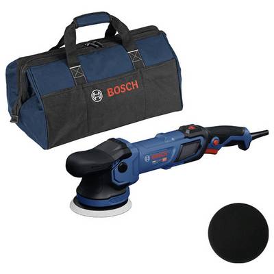 Bosch elektische schuurmachine met draagtasje en schuurpad op een witte achtergrond.
