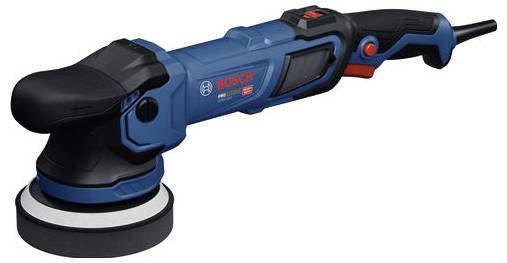 Blauwe Bosch elektrische rotatieschuurmachine met zwart handvat en schuimpad, weergegeven op een witte achtergrond.