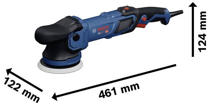 Bosch blauwe draadloze haakslijper in profielweergave met gelabelde afmetingen: 461 mm lang, 124 mm hoog en 122 mm breed.
