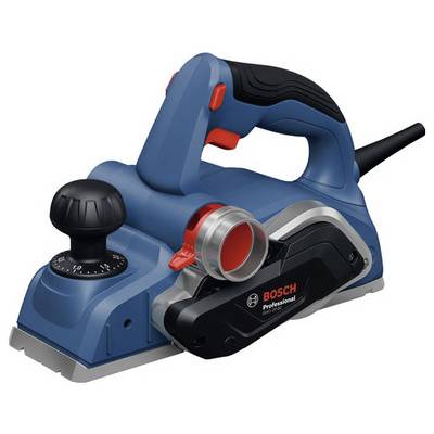 Blauwe en zwarte Bosch Professional elektrische handschaaf met rode accenten, weergegeven in zijaanzicht op een witte achtergrond.