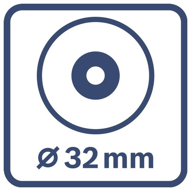 Pictogram met een circulair onderdeel van 32 mm diameter binnen een afgeronde vierkante rand.
