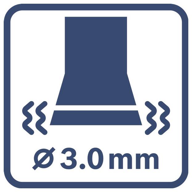 Pictogram van een kegelvormige spuitmond die vibratie of oscillatie uitzendt, gelabeld 'Ø 3,0 mm' in een afgeronde vierkante rand.