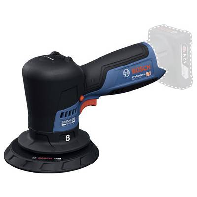 Bosch draadloze excenterschuurmachine met 8-inch schuurpad en borstelloze motor, weergegeven met een semi-transparante accupak-aansluitingszone.