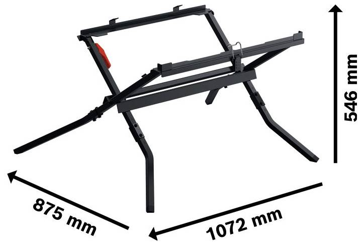 Zwarte metalen vouwstandaard weergegeven in perspectief, met aangegeven afmetingen van 1072 mm breed, 875 mm diep en 546 mm hoog.